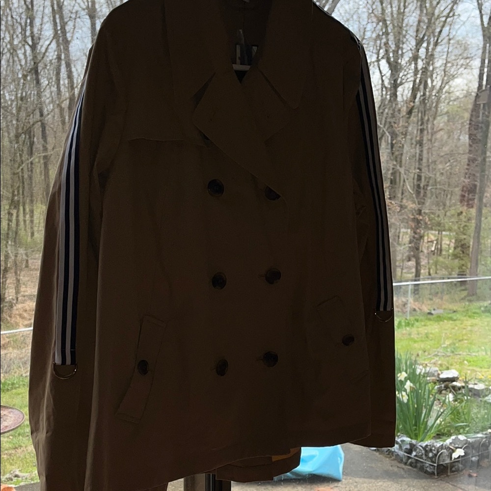 Brown Double-Breasted Coat with Striped Sleeves